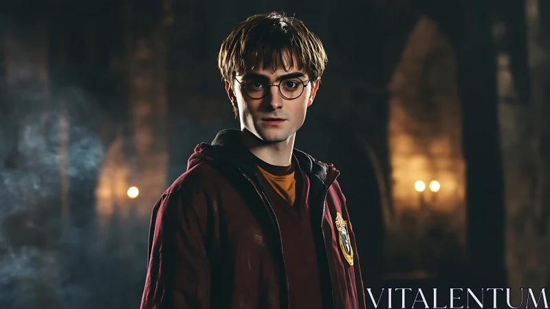 Young male in maroon robe within dim stone interior.