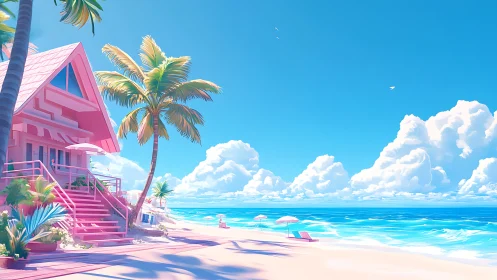 Pink Beach House Coastal Paradise Digital Illustration
