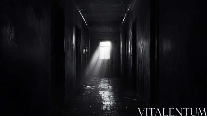 Bleak corridor pierced by stark window light in monochrome.