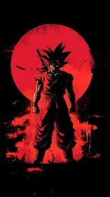 Silhouetted warrior stands before large red painted sun