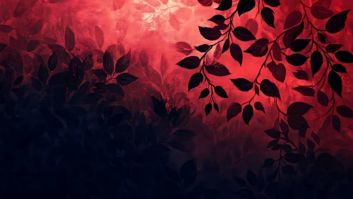 Silhouetted foliage branches on red and dark gradient field.