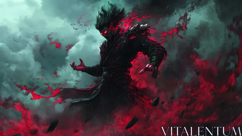 Storm-born dark mage wrapped in vivid crimson power.