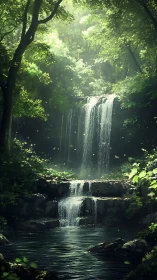 Lush forest waterfall cascading into a shaded clear pool.