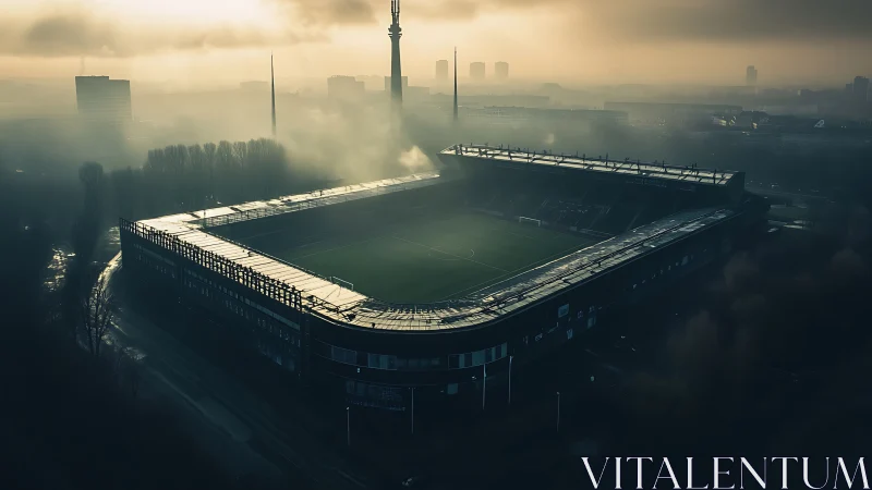 Misty city stadium glowing softly in early morning light.