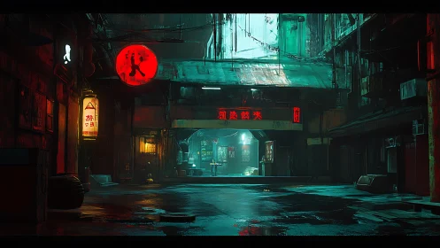 Neon-soaked alleyway under teal rainlit overpass.