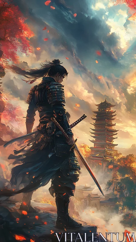 Stormlit ronin overlooks ember skies and distant pagoda.