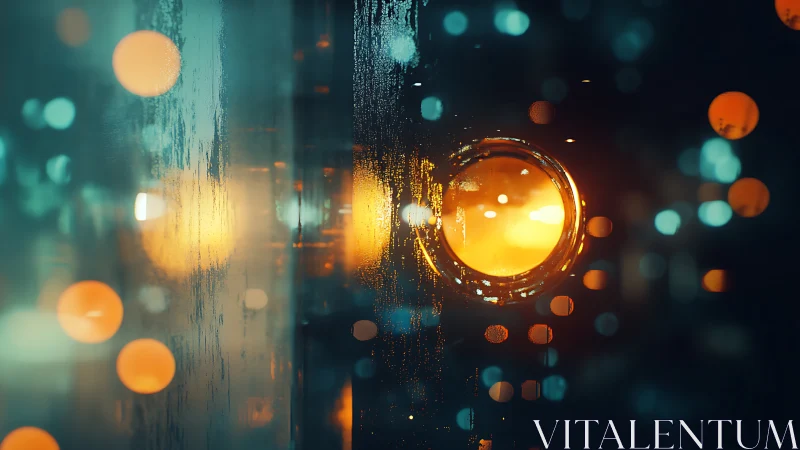 Neon bokeh orbs glow through rain streaked glass surface.