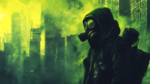 Figure in gas mask stands before toxic green cityscape