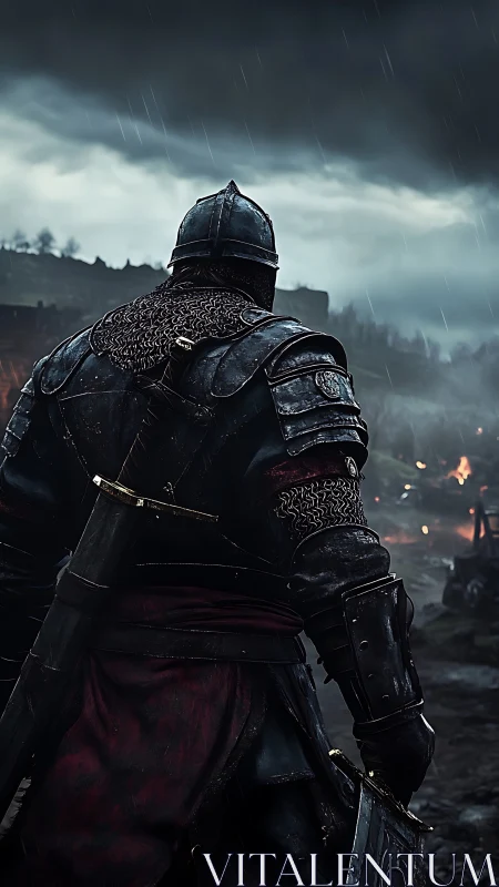 Stormbound knight stands ready on a rain soaked battlefield.