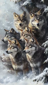 Six-wolf pack composition demonstrates layered depth in snowy forest