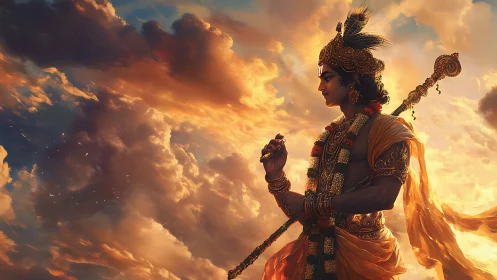 Divine warrior figure against dramatic golden sky backdrop.