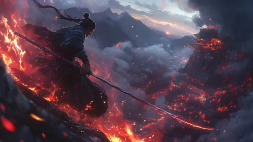 Samurai figure overlooks burning fortress in volcanic landscape