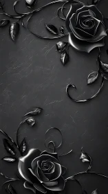 Sculptural Black Roses Against Textured Dark Surface.