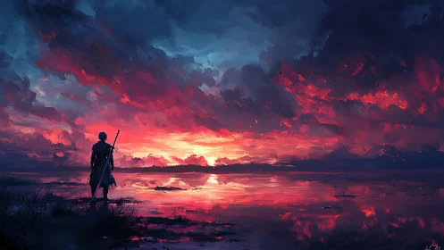 Lone swordsman contemplates a blazing crimson horizon at dusk.