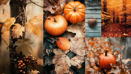 Autumn leaves and pumpkins glow in a warm seasonal collage.