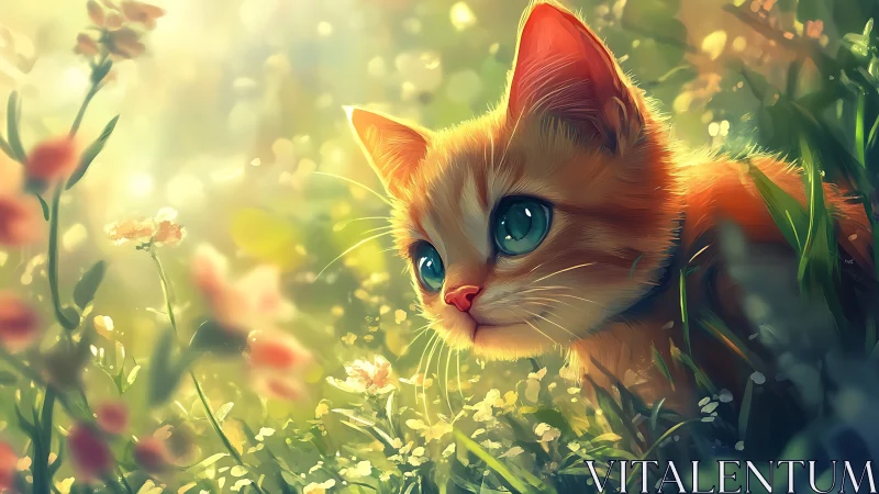 Ginger Cat in Sunlit Flower Meadow.