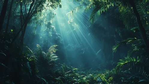 Tropical forest canopy with dramatic light rays piercing dense vegetation.