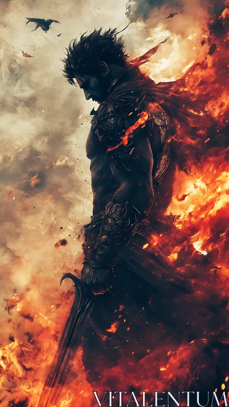 Armored warrior silhouette stands amid rising digital flames