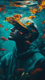 Man in hoodie and cap rendered submerged among vivid goldfish