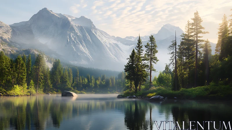 Glacial valley lake under stratified alpine dawn illumination.
