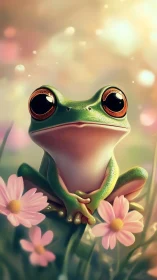 Dreamy tree frog gazes peacefully amid glowing blossoms