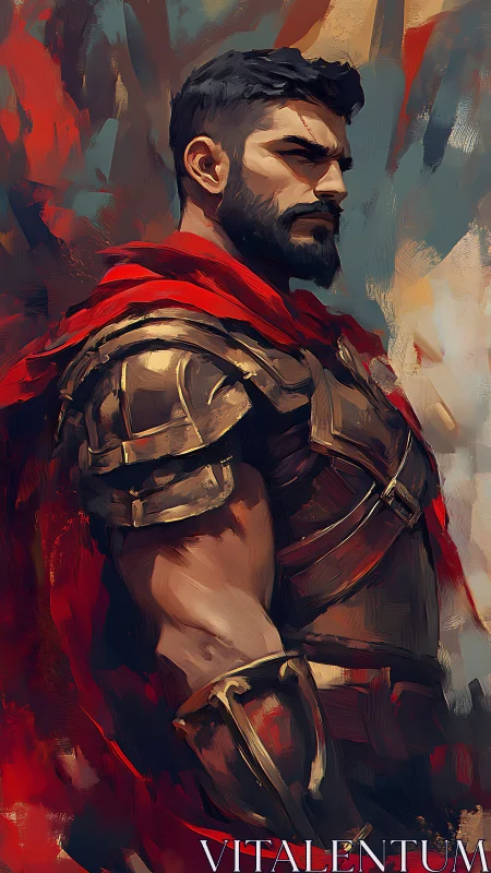 Armored male warrior in red cloak against abstract backdrop.