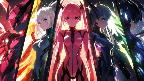 Cybernetic pilots stand aligned before towering mecha guardians