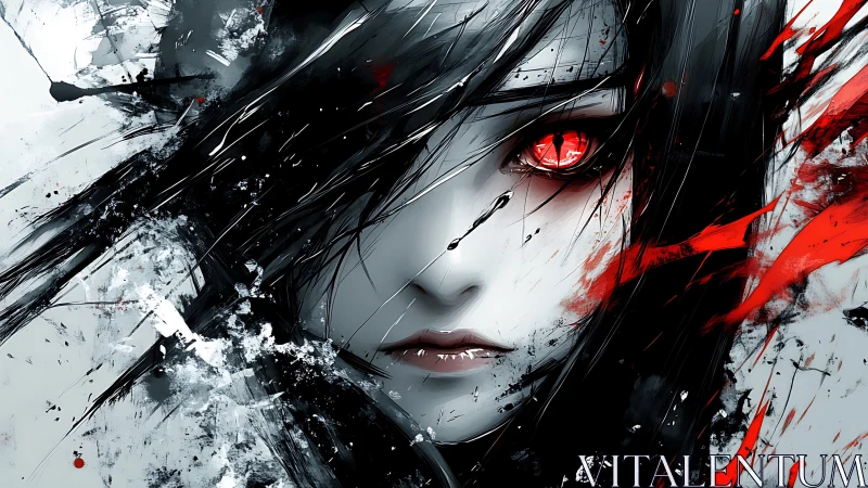 Intense red eyed heroine emerging from swirling darkness.