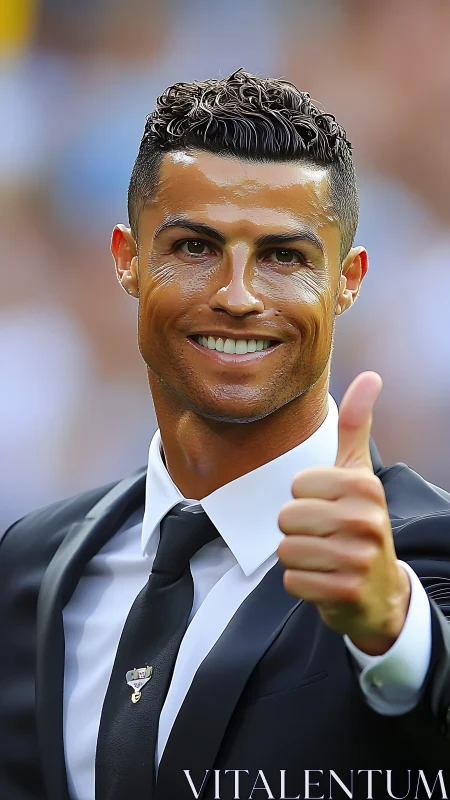 Smiling suited man flashes bold thumbs up of approval.