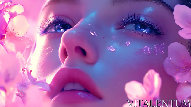 Iridescent portrait with neon blossoms and crystalline tears.