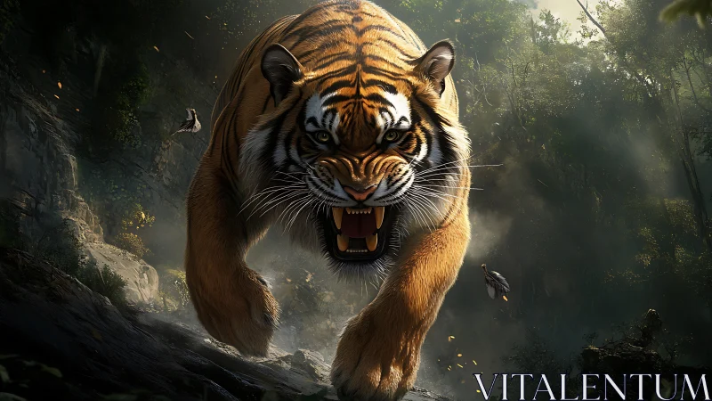 Predatory tiger charges through misty jungle ravine. Period.