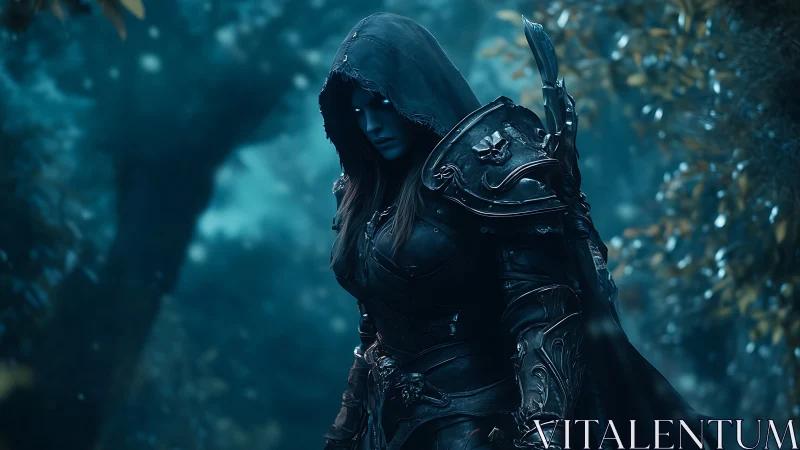 Hooded dark ranger in ornate armor within misty blue forest.
