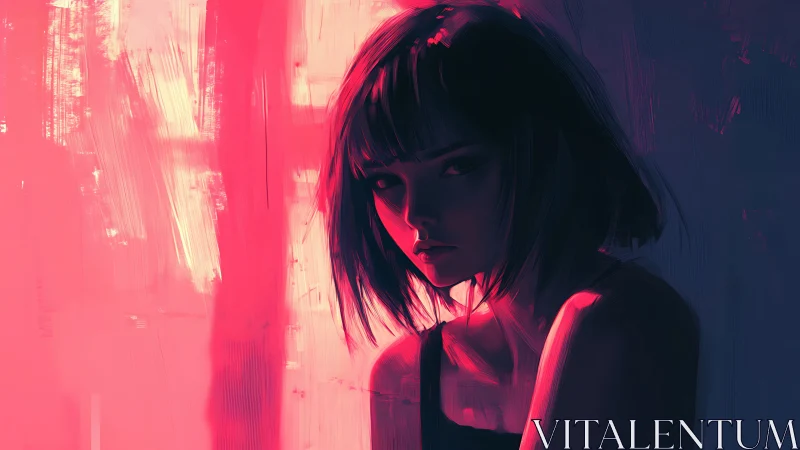 Neon-lit portrait of pensive girl in bold magenta shadows.