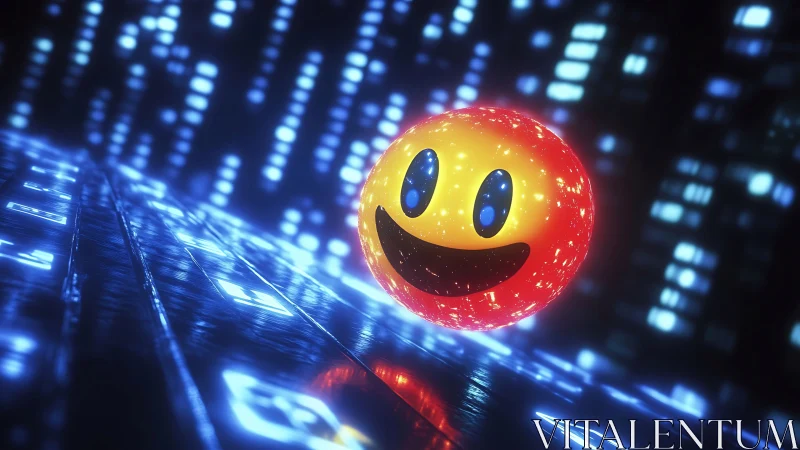 Smiling neon orb surfing through a glowing cyber nightscape.