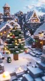 Snowy voxel Christmas tree in illuminated winter village.
