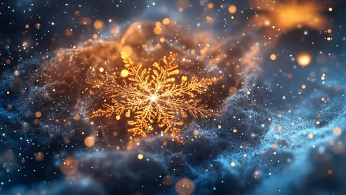 Golden snowflake glows in a swirling cosmic winter storm
