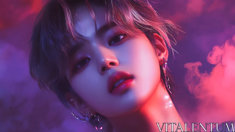 Digital portrait of androgynous face in neon gradient light.