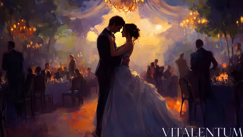 Enchanted first dance beneath glowing chandeliers at dusk.