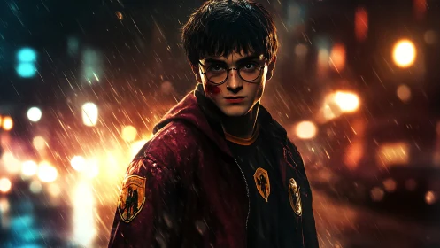 Young man in red jacket stands in rainy neon city street