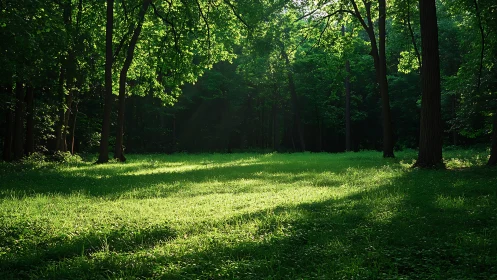 Forest Clearing with Sunlit Grass and Tall Trees