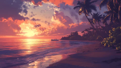 Sunset ignites a tranquil tropical beach with glowing surf