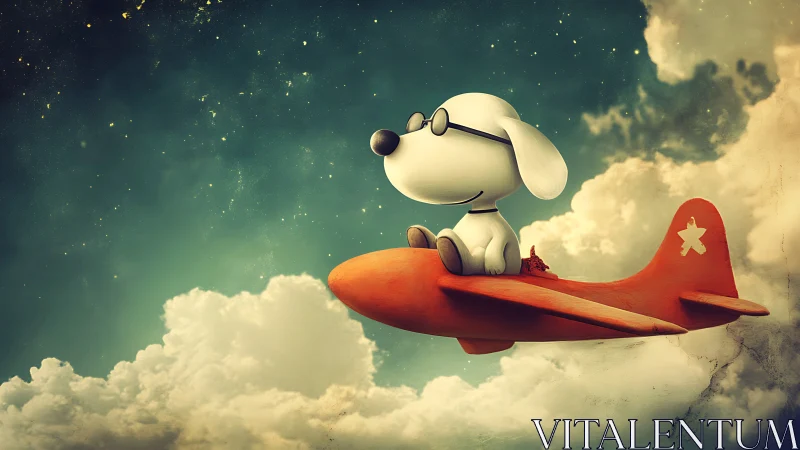 Cartoon dog pilot flying red plane through dreamy sky.
