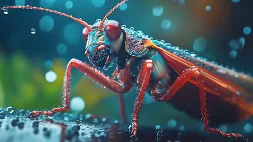 Vibrant cybernetic insect stands in glittering rainstorm