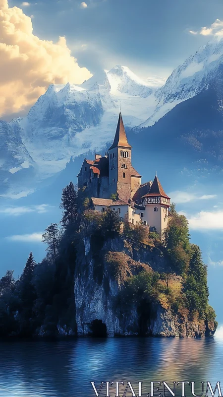 Alpine Fortress on Precipice: Neo-Romanesque Castle Architecture Amid Glacial Peaks.