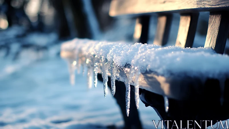 Macro depth study of icicles along snow loaded bench edge.