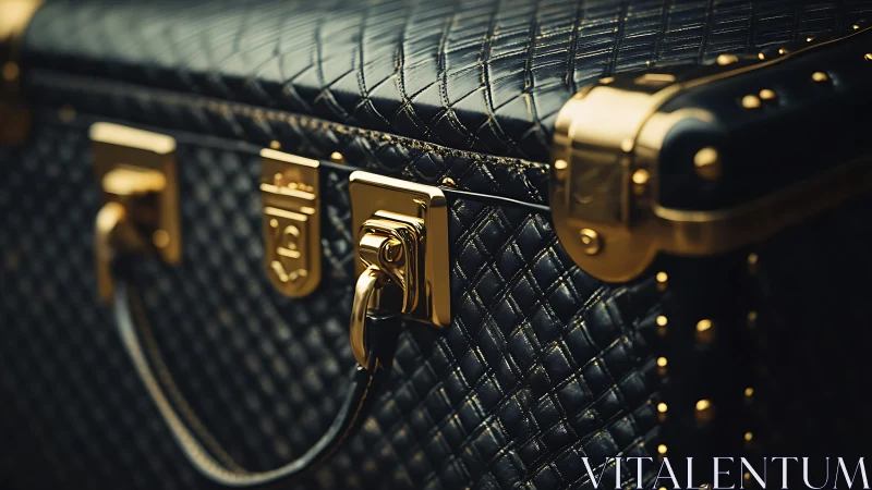Quilted black leather trunk with polished gold hardware under soft light