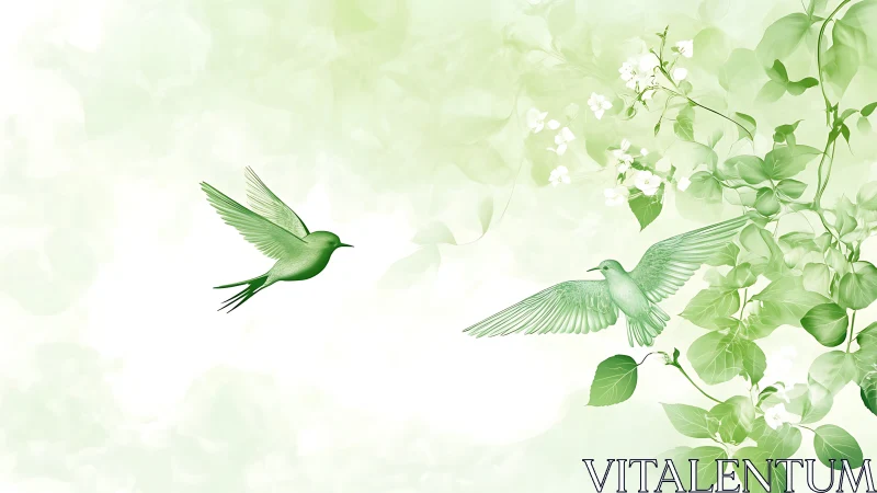 Luminous Hummingbirds in Flight Among Delicate Flowering Vines and Foliage