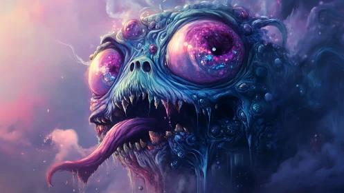 Surreal cosmic monster portrait with iridescent ocular focus.