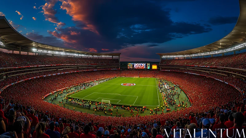Roaring red stadium wraps twilight sky around electric pitch