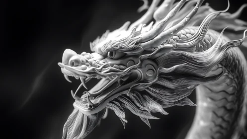Monochrome dragon bust showcases intricate sculpted fury.